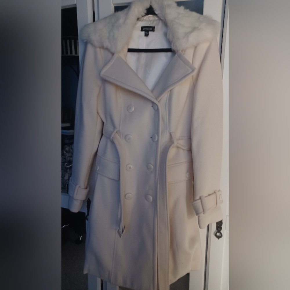 Elegant Cream Double-Breasted Women's Coat Bebe Rabbit Fur Large - Picture 3 of 12